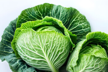 Obraz premium Close-up of cabbage leaves with veins detailed, soft gradient white background blurred