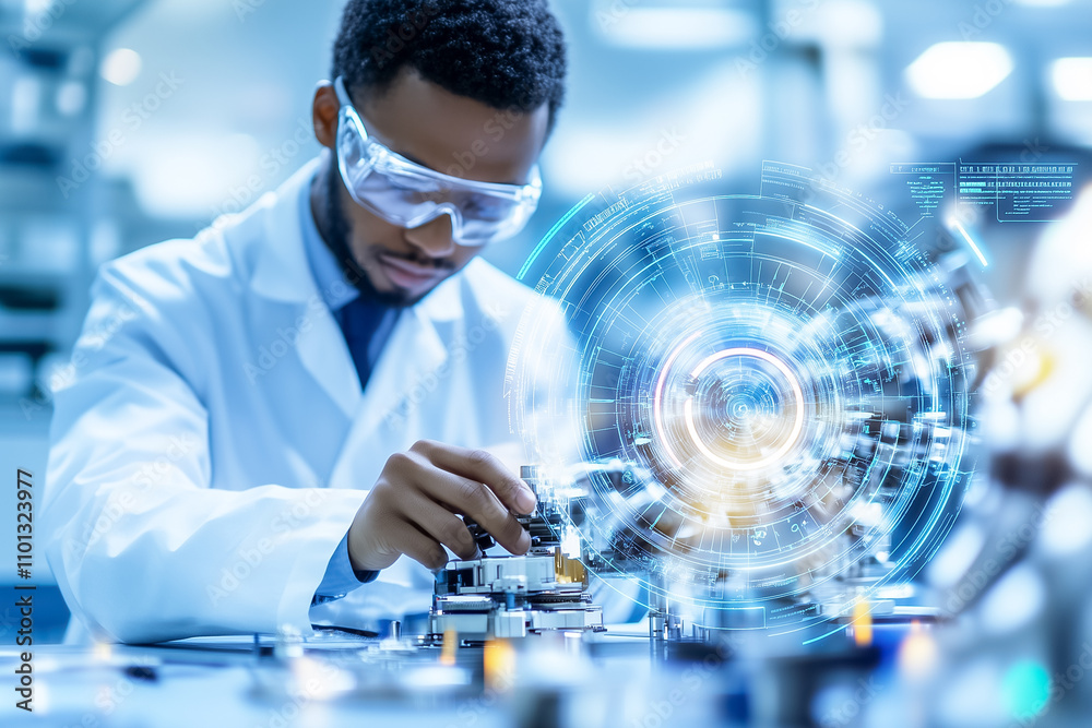Poster engineer focuses on intricate mechanical parts while using advanced technology in a modern laborator