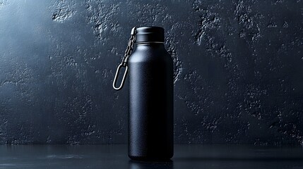 Black matte water bottle with metal chain on dark background.