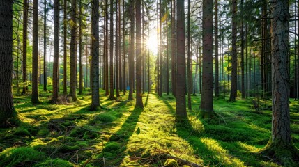 Fototapeta premium photograph of Silent Forest in spring with beautiful bright sun rays