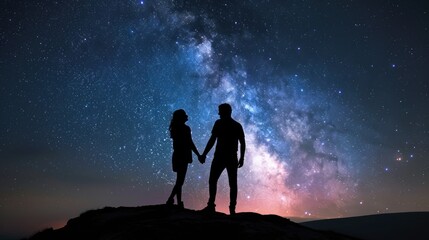 Obraz premium photograph of Silhouette of couple holding hands against starry sky, standing on mountain top with Milky Way galaxy in background. Love concept.