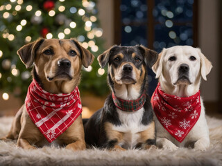 Three dogs wearing festive bandanas sitting together on a fluffy rug in front of a glowing Christmas tree
