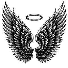 A pair of angel wings tattoo with a halo above