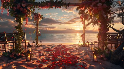 A stunning beach view with decorations for a summer wedding ceremony