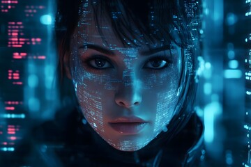 An AI female character with an attractive face, standing in the center of digital data streams and code background