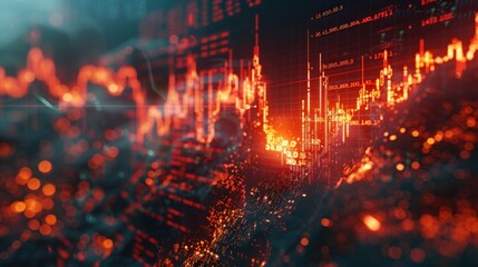 Fototapeta premium Abstract financial data visualization with red and orange glowing lines and bokeh.