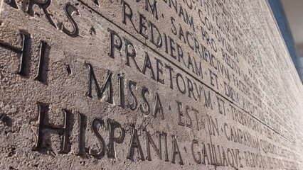 Ancient Roman inscription in Latin (The Deeds of the Divine Augustus, historical document of Roman...