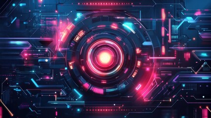 A vibrant, futuristic digital design featuring neon circuits and a central glowing orb.