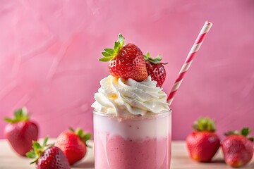 Close-Up Isolated Macro of a Strawberry Milkshake Topped with Whipped Cream and a Berry Straw in a Frosty Glass, Perfect for Showcasing Delicious Pink Food Photography