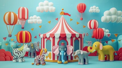 Cute cartoon animals at circus tent with hot air balloons.
