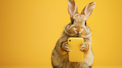Cute bunny shocked hold mobile cell phone isolated on yellow color background. Funny bunny holds phone surprised shopping concept