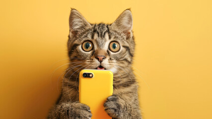 Little kitten shocked hold mobile cell phone isolated on yellow color background. Cute cat holds phone surprised shopping concept