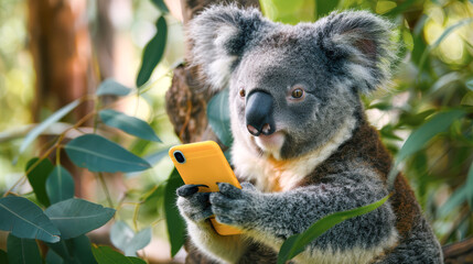 Fototapeta premium Little Koala shocked hold yellow mobile cell phone. Cute koala with phone surprised. Creative outside concept for advert, poster, app, shopping, sale, web