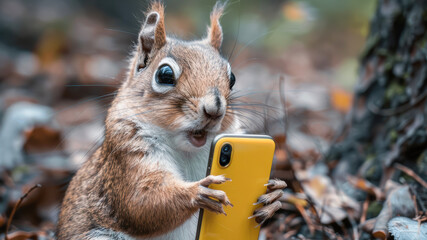 Funny little squirrel relaxing outside hold yellow mobile cell phone. Cute squirrel at the public park with phone surprised. Creative concept for advert, poster, app, sale, web, shopping