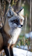 Alert Grey Fox Pauses amidst Winters Embrace in a Snow-Dusted Forest Setting, Wildlife Portrait.