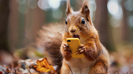 Funny little squirrel relaxing outside hold yellow mobile cell phone. Cute squirrel at the public park with phone surprised. Creative concept for advert, poster, app, sale, web, shopping