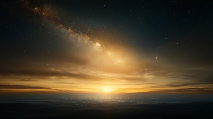 Fototapeta premium A cityscape at night interwoven with the cosmic beauty of a star-filled sky in a double exposure style