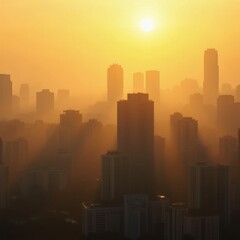 Fototapeta premium Golden Haze: A Cityscape at Sunrise