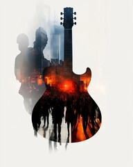 A guitar shape infused with a concert crowd under vibrant stage lights in a double exposure style