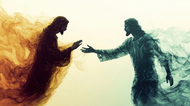 Jesus reaches out to a leper in a compassionate moment, symbolizing healing and acceptance in an ethereal landscape illustrating their profound connection