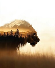 The silhouette of a lion combined with the golden hues of a savanna during sunset, capturing the essence of the wild in a double exposure style