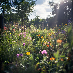 Fototapeta premium Cultivating beauty wildflowers embrace a vegetable bed home garden nature photography sunny day vibrant landscape