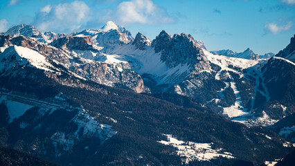 Fototapeta premium Discovering the Renon plateau in winter. Breathtaking views of the Dolomites.