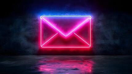 Naklejka premium Pink and blue neon light email icon. Vibrant colored envelope technology symbol, isolated on a black background