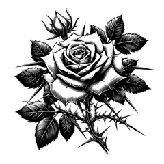 A rose tattoo design with thorns and leaves