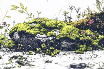 A detailed illustration of a moss-covered rock surrounded by various plants and flowers.