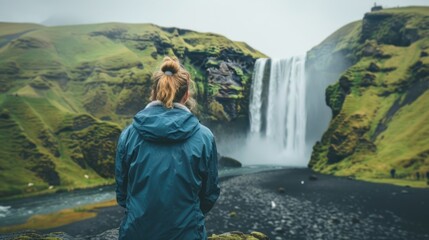 Fototapeta premium photograph of Woman overlooking waterfall at skogafoss, Iceland.