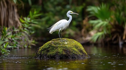 a white bird, a white heron, standing on a mossy rock in the middle of a body of water, surrounded by lush greenery. 