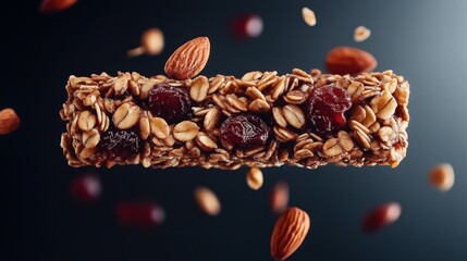 Obraz premium Granola bar with oats, almonds, and dried cranberries on dark background, surrounded by additional nuts and berries.