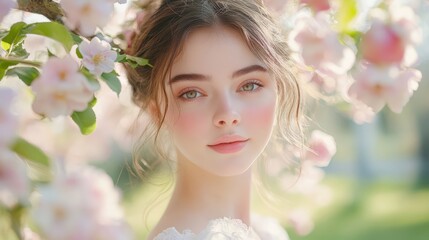 Fototapeta premium Portrait of a young woman with delicate makeup, framed by blossoming pink flowers.