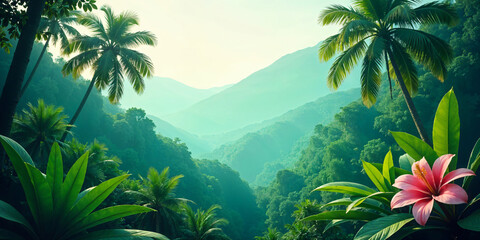Naklejka premium A vibrant tropical rainforest scene unfolds with towering green mountains in the background. Lush foliage, tropical trees, and ferns create a seamless and dense landscape,