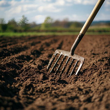 Tilling aofthanit soil with a rake agricultural field close-up action nature environment low angle view soil preparation