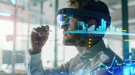 A dynamic image of a business consultant analyzing market data using augmented reality glasses in a modern office, The background features advanced technology and a high-tech workspace