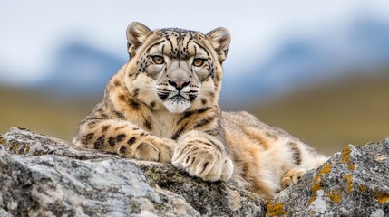 Obraz premium Majestic snow leopard resting on rocky landscape in mountainous region