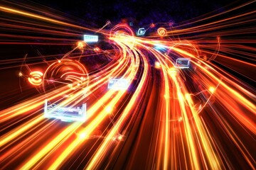 Obraz premium Abstract representation of data flow with vibrant light trails and digital icons.