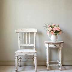 Shabby Chic Chair and Table with Vase of Flowers Against Whitewashed Wall, Vintage Home Decor