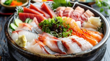 photograph of A bowl of sashimi hot pot, with various types of fish and vegetables in the middle,