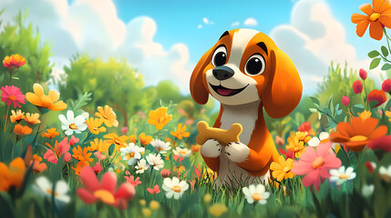 A playful cartoon-style illustration of a mischievous Beagle holding a bone, with exaggerated big eyes and floppy ears, surrounded by a colorful park scene filled with vibrant flowers and trees.