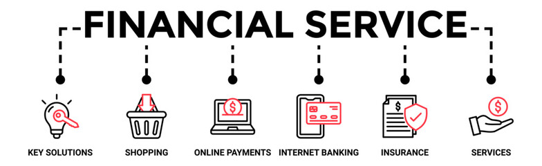 Financial service banner web icon vector illustration concept with icon of key solutions, shopping, online payments, internet banking, insurance and services