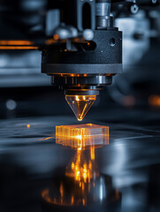 Close-up of a 3D printer nozzle working on a glowing orange material, emphasizing precision and modern manufacturing techniques. Perfect for tech or industrial themes.