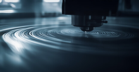 Extreme macro shot of a 3D printer nozzle in action, with circular printing patterns forming beneath it in cool blue tones. Ideal for technology and innovation themes.