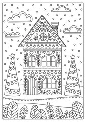 Vector doodle winter illustration. Hand drawn antistress coloring page with house and trees.