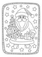 Vector antistress coloring page with Santa. Hand drawn Christmas illustation. Winter frame.