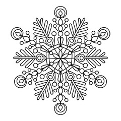 Vector doodle snowflake. Hand drawn winter mandala. Antistress coloring illustration.