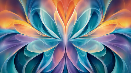 A stunning fractal design with glowing petal-like shapes in radiant shades of blue, orange, and purple, radiating from the center in a symmetrical pattern.