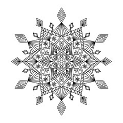 Vector doodle snowflake. Hand drawn winter mandala. Antistress coloring illustration.